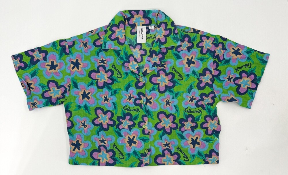 Collusion Shirt Womens 0 Green Purple Floral Cropped Button Front Short Sleeve